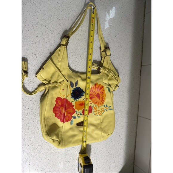 Elliott Lucca Leather Purse Yellow Hand Painted w/ Wood Gold Accents Soft EUC - Picture 9 of 16